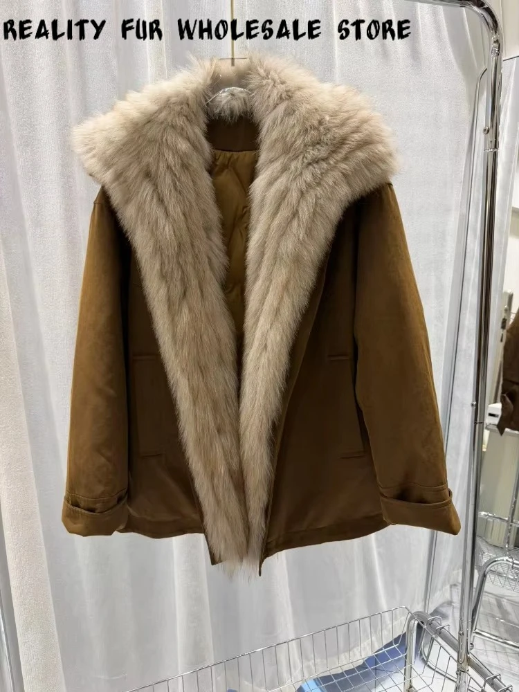Women's Jacket Long Hair Fox Fur Collar Coat Zipper Closure Ultra Warm Thermal Premium Old Money Style Winter for Evening Wear