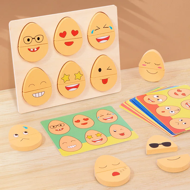 Children Wooden Egg Expressions Blocks Pattern Matching Game Toddler Montessori Sensory Educational Toys Match Puzzles Kids Gift