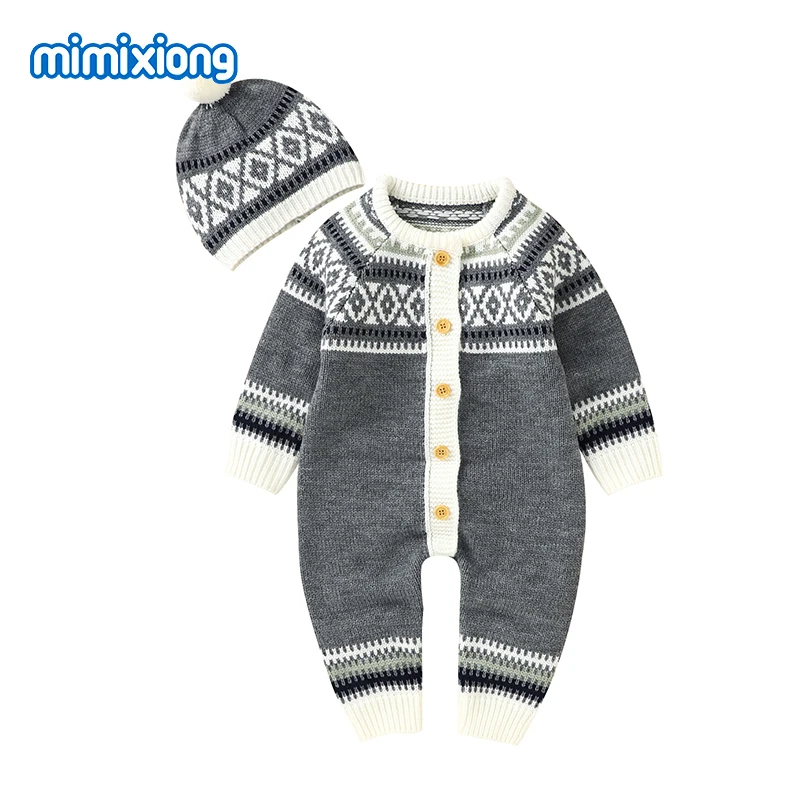 

Winter Baby Rompers Clothes Autumn Long Sleeve Knitted Newborn Boys Girls Jumpsuits Hats Outfits 0-18m Children Unisex Overalls