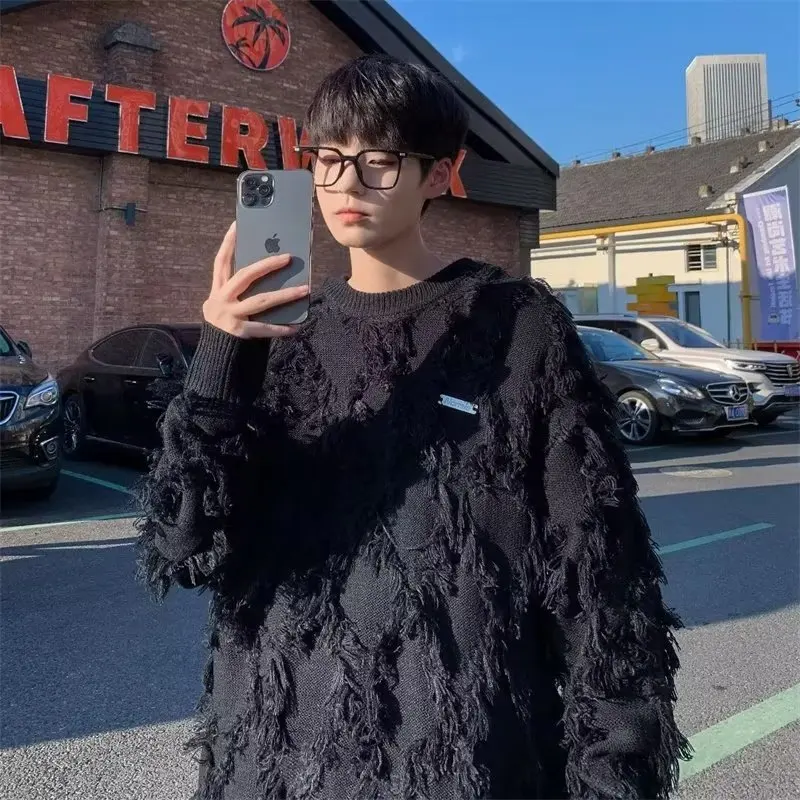 

Men's Oversize Knitted Sweater round Ne Color Tassel Winter Faion Casual Loose Fit Long Sve Baseball Collar