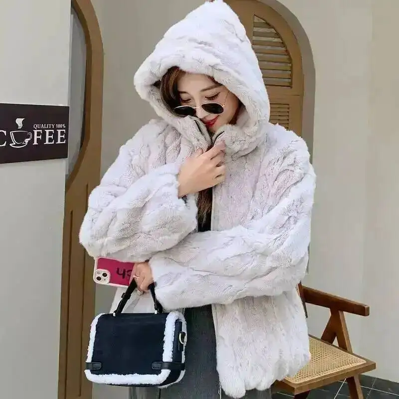 Nueva chaqueta de piel de conejo, abrigo de piel de conejo para mujer, abrigo de piel entera Natural, abrigo de piel de conejo a la moda con capucha, ropa Kawaii para mujer
