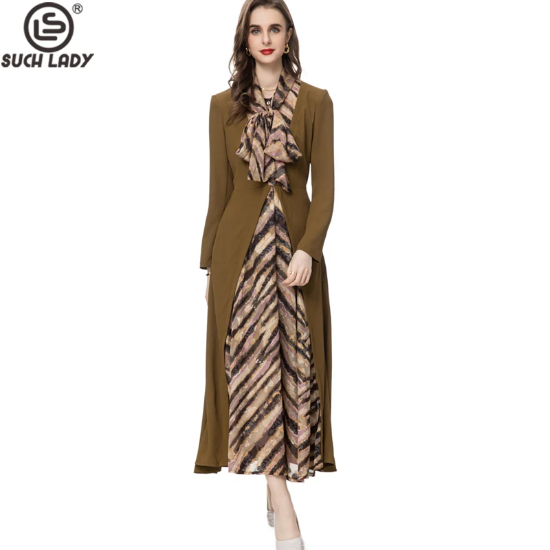 

Women's Runway Dresses Lace Up Bow Collar Long Sleeves Printed Patchwork Elegant High Street Casual Mid Vestidos