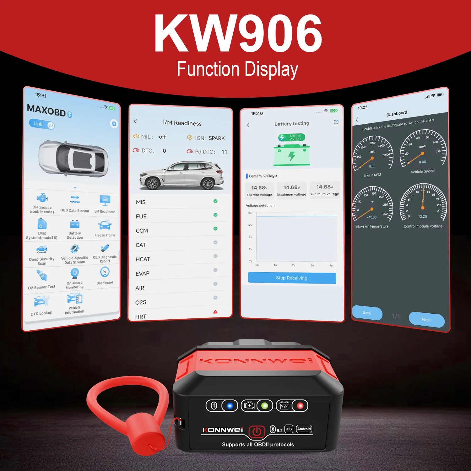 Bluetooth 4.0 5.0 ELM327 OBD2 Diagnostic Scanner, Wireless Dual Mode Vehicle Code Reader for Android and IOS Devices