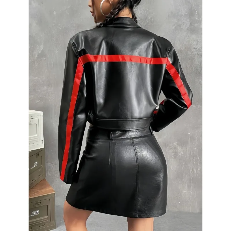 Women's Autumn/Winter Top Coat Imitation Leather Stand-up Collar Short Stripes Zipper Casual Design Fashion New Versatile Skinny