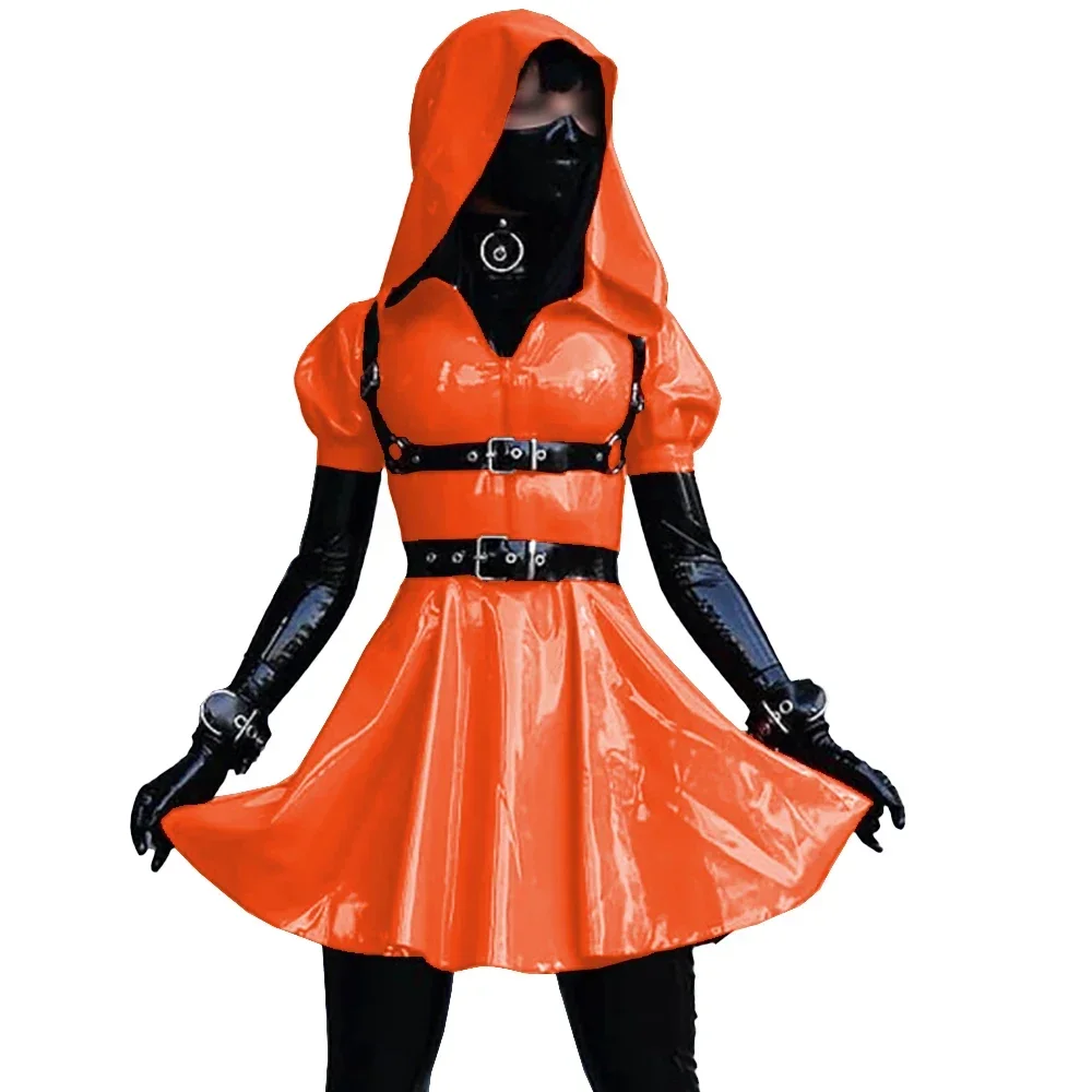 Mini vestido sissy de manga curta para mulheres, couro brilhante, uniforme de cosplay de empregada evasê de pvc, fantasias de Halloween, roupa de dança exótica, 7XL