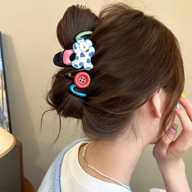 Color‑Contrast Polka Dot Bow Hair Claw, Dopamine Colorful Cartoon Shark Clip for Women, Back of Head Hair Accessories