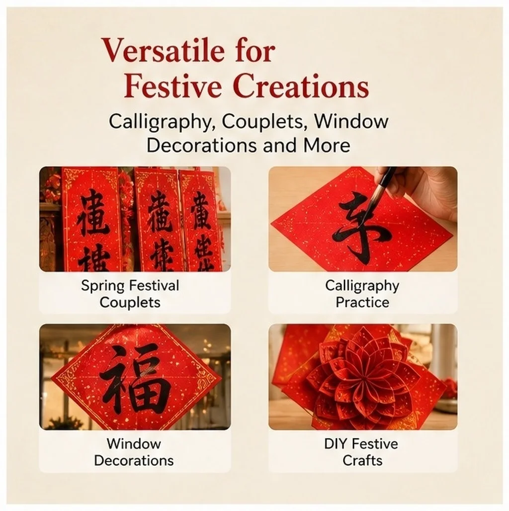 80Sheets Vibrant Red Traditional Xuan Rice Paper Calligraphy Practice Sheets with Grid for Beginners Spring Festival Couplets