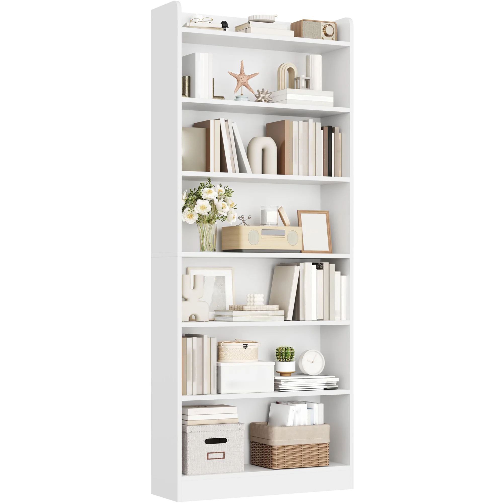 7-Tier Bookshelf, Modern Floor Standing Display Storage Shelves with Top Open Compartment and 2 Adjustable Shelves, for Home Office, Study, Living Room, Dorm, White