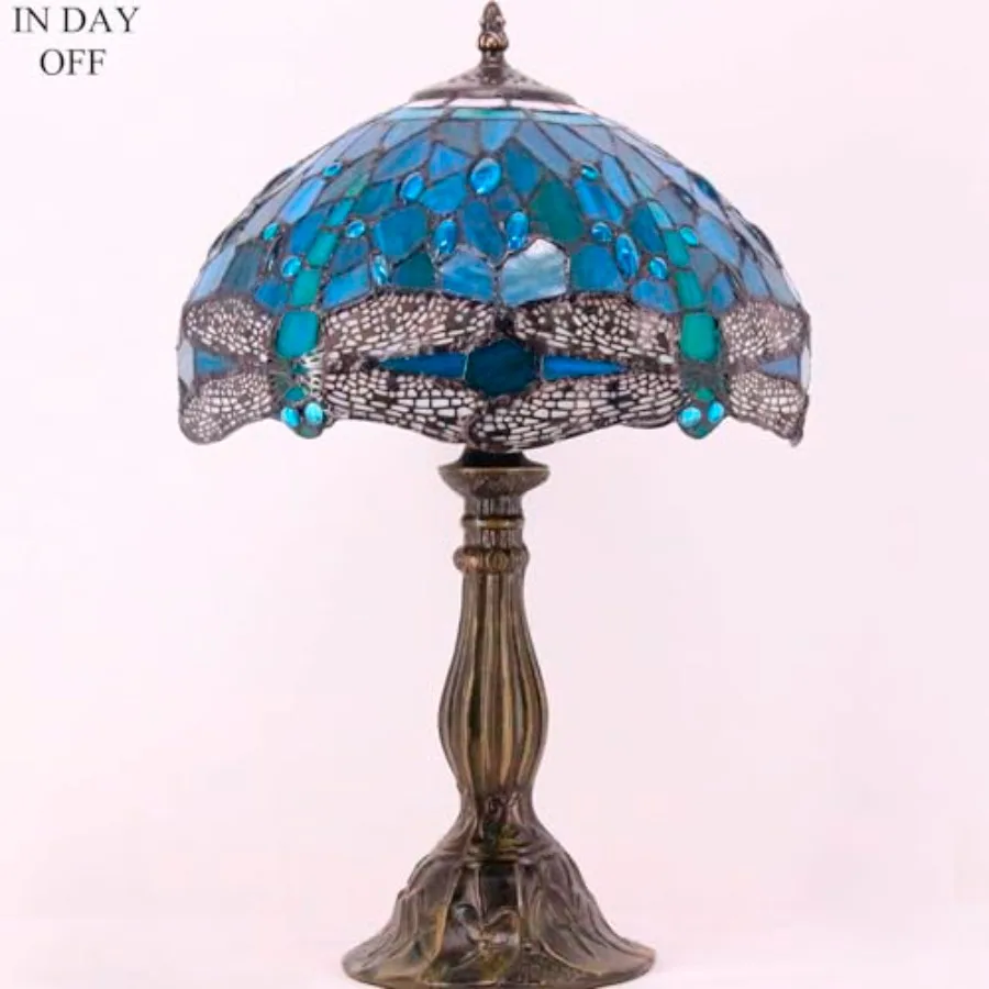 الأخضر والأزرق الزجاج الملون اليعسوب نمط الجدول مصباح لغرفة النوم غرفة المعيشة ديكور المنزل مكتب 12X12X18 بوصة مكتب مثالي إعادة #5