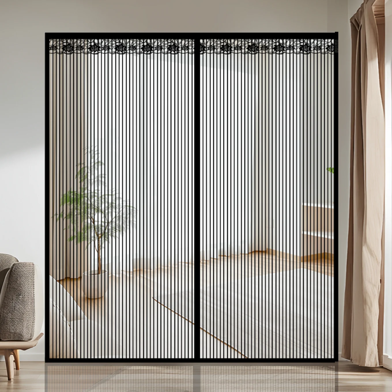 Extra Large Summer Black Striped Magnetic Screen Door Mesh Curtain for Home, No Drilling Required, Mosquito Proof Breathable Sof