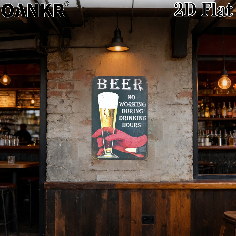Vintage Art Beer Poster Metal Tin Sign, Beer No Working During Drinking Hours Metal Signs for Pub Bar Home Wall Decor Plaque
