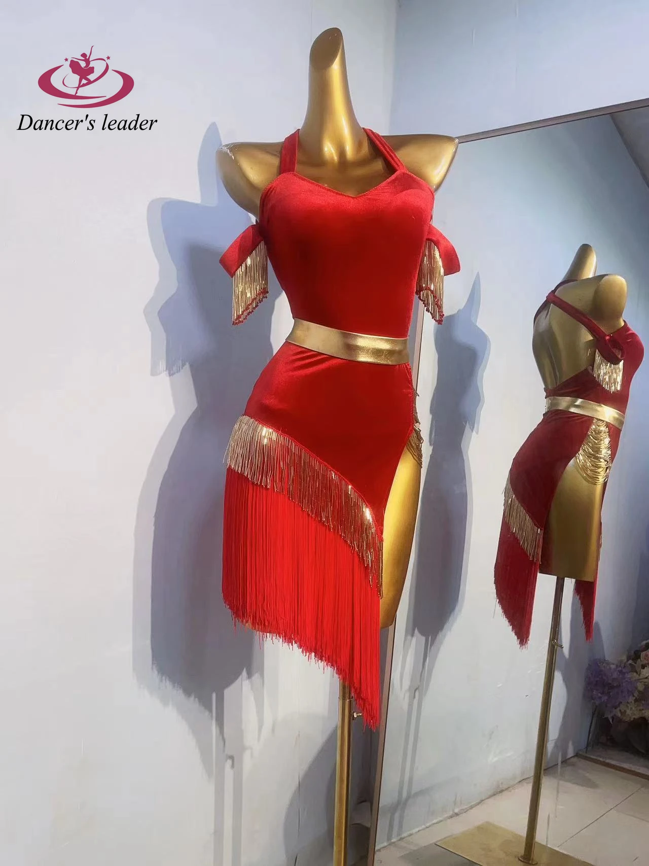 Latin Dance Costume Rhinestone Women's High-end Custom Suede Gold Tassel Dress Samba Performance Dress