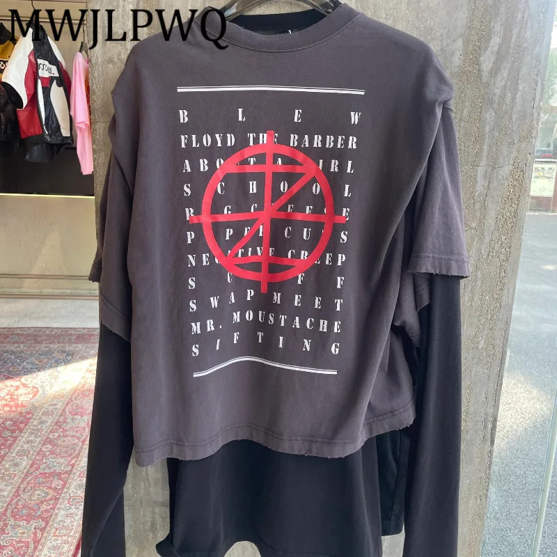 

MWJLPWQ Fake Two-Piece Patchwork Personalized Letter Print T-shirts Men's Street Long Sleeve American Casual Loose Tops 21787
