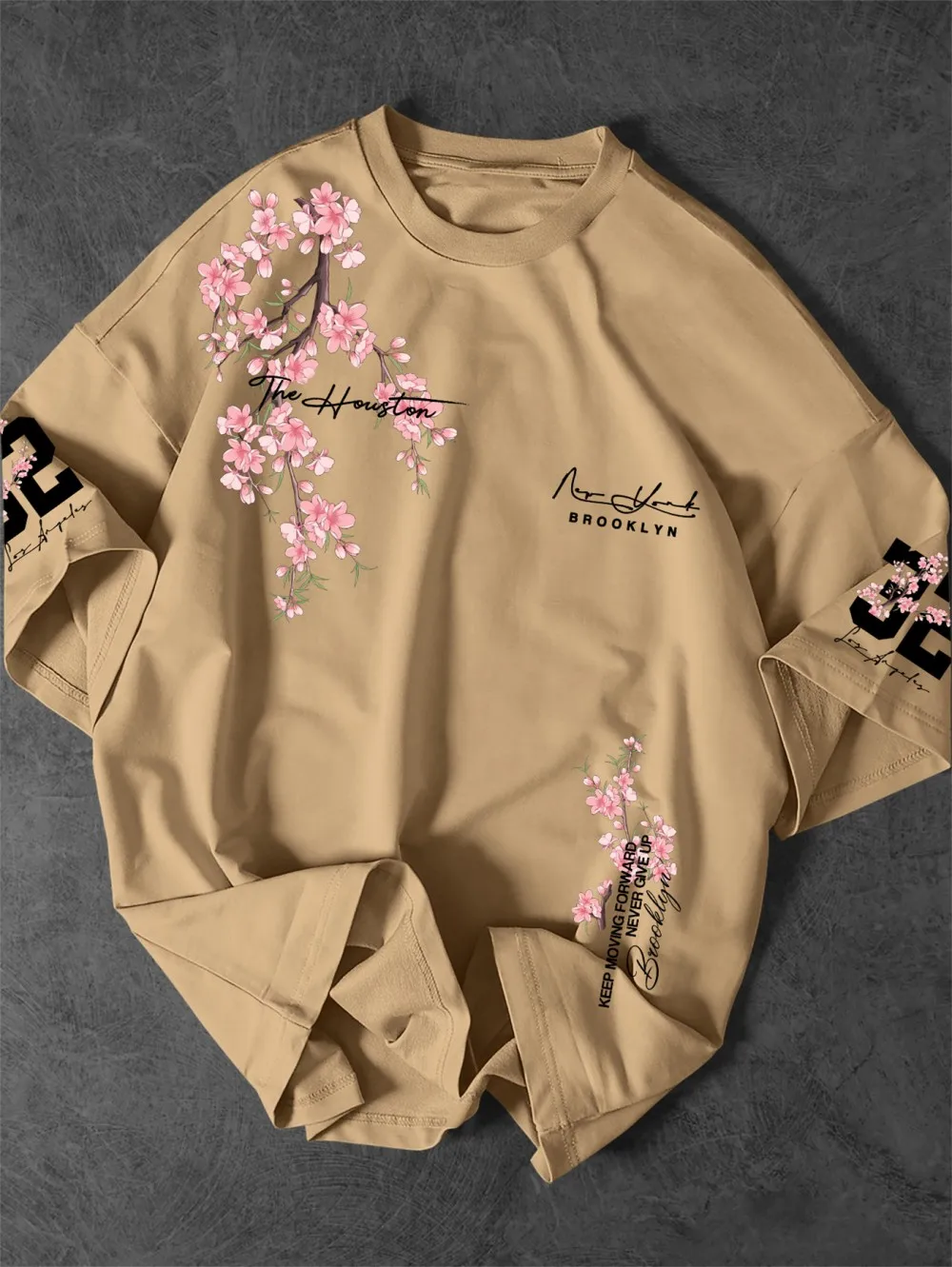 Amerikanisches Herren-Sommer-T-Shirt mit Kirschblüten- und Brooklyn-Schriftzug-Druck, bequem und atmungsaktiv, Rundhals, Outdoor-Street-Top – Detail 5