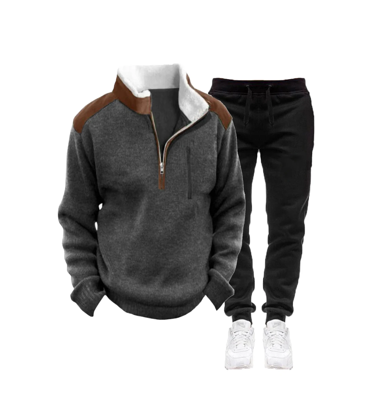 New men's fall/winter sports outfit with half-zip sweater, stand-up collar, 3D top, pure black pants