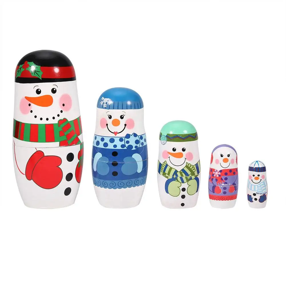 5pcs Handpainted Christmas Wooden Matryoshka Dolls - Russian Nesting Dolls Set for Home Decoration