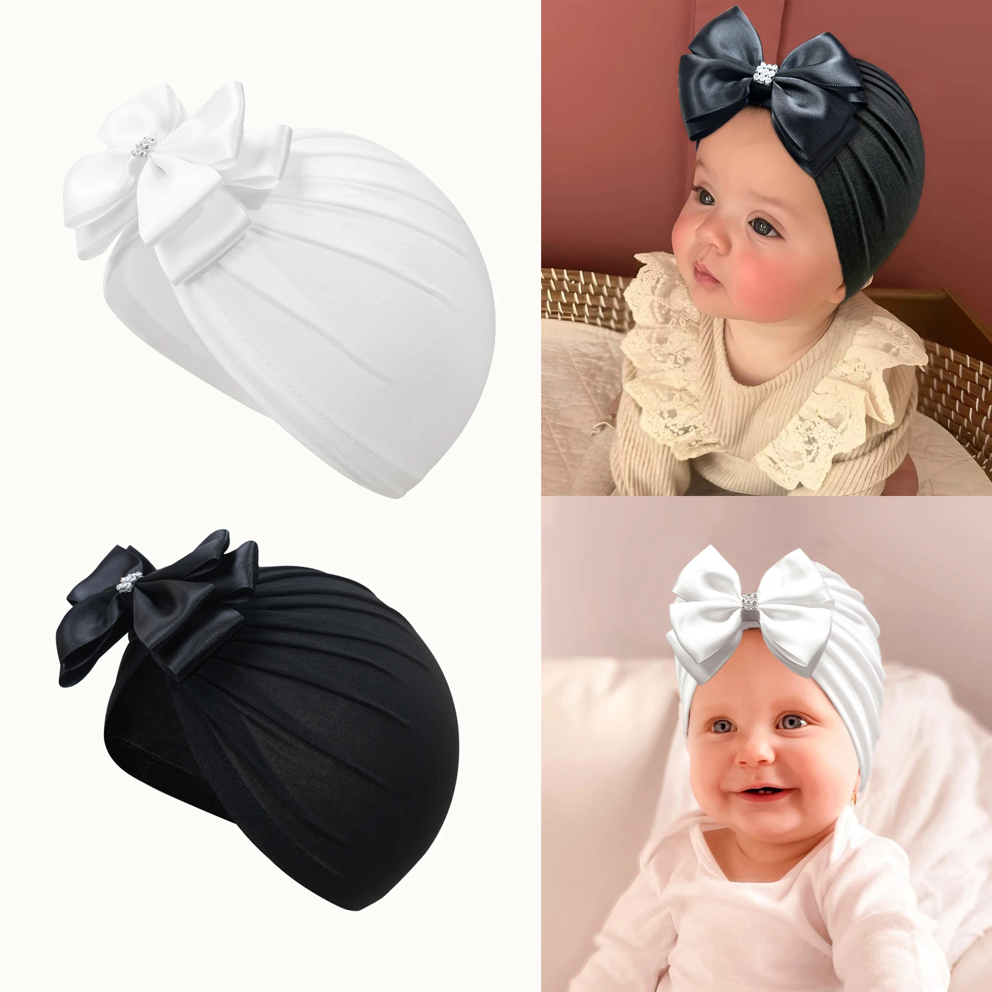 

2pcs Premium Gentle Newborn Baby Beanie Hat Big Bow Turban Cap Solid Color Elastic Headband Soft Hair Accessory