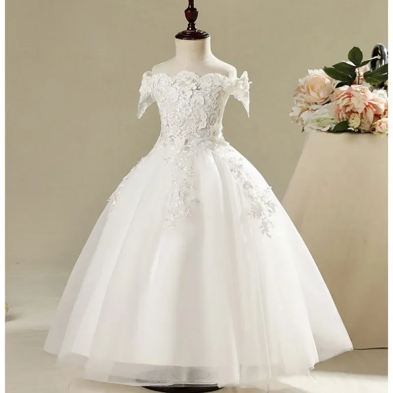 

Girls Shoulderless Wedding Dress Beaded Appliques Party Tulle Princess Birthday Dress Flower Girl First Communion Gown