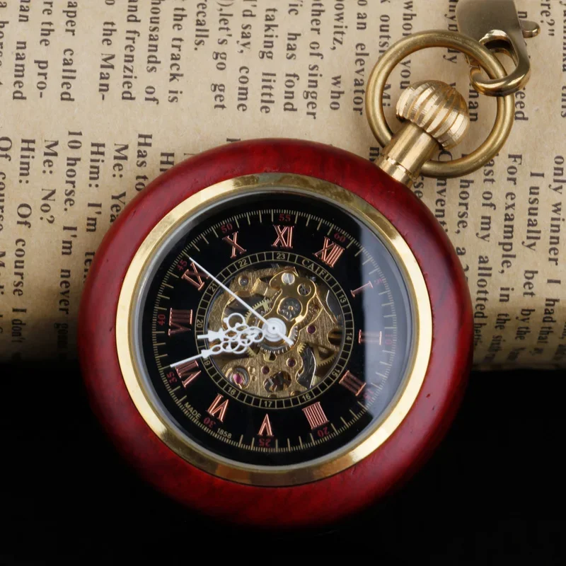 Vintage Mechanical Pocket Watch Wooden Roman Numerals Creative Carving Luxury Wood Watches Pendant Chain Male Clock Box Package