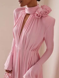 Women Flare Sleeve Pleated 3D Flower Dress Sexy Pink Deep V Neck Long Sleeve Split Long Dresses Elegant Evening Party Gowns