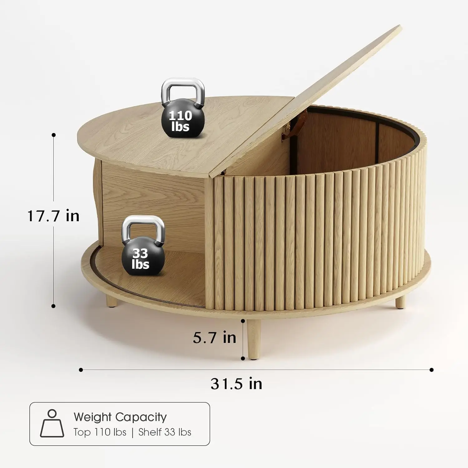 طاولة قهوة مستديرة مع مساحة تخزين، طاولة طعام حديثة في منتصف القرن مع باب خزانة منزلق لغرفة المعيشة، مساحة صغيرة للمنزل، 31.5 بوصة