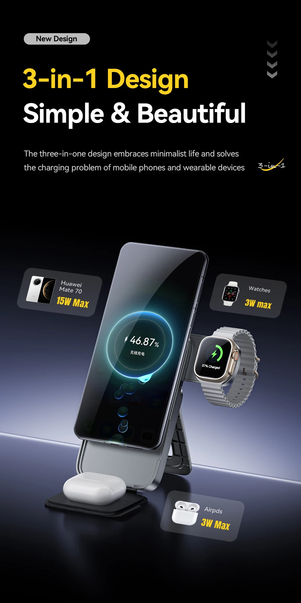 Essager 3-in-1 Portable Folding Wireless Charger Stand 15W Magnetic for iPhone 1716/15 AirPods Apple Watch MagSafe Fast Charging