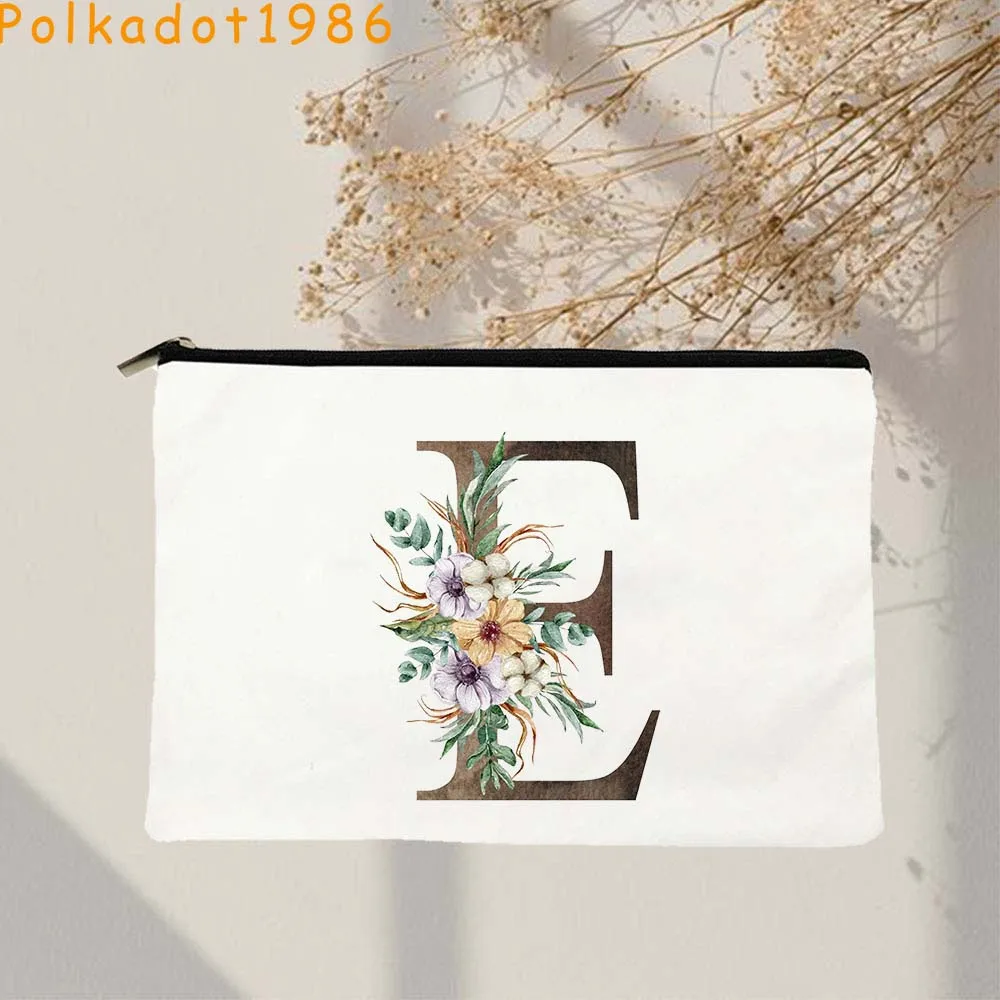 Godlen Alphabet Watercolor Floral Wedding Gifts Monogram Flower Initial Letter Canvas Cosmetic Bag Toilet Makeup Bag Pencil Case