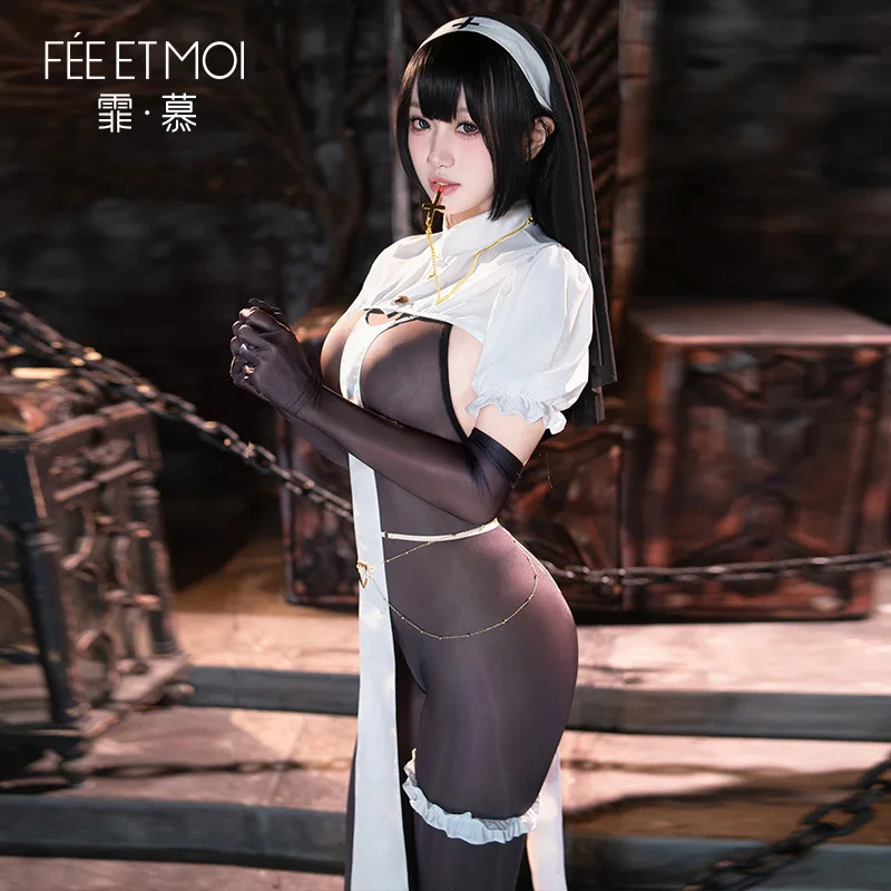 

Новое женское сексуальное нижнее белье монахини для ролевых игр, платье для леди на Хэллоуин, вечерние костюмы для косплея, костюмы сестры SM Fliter телесного цвета, чулки для тела