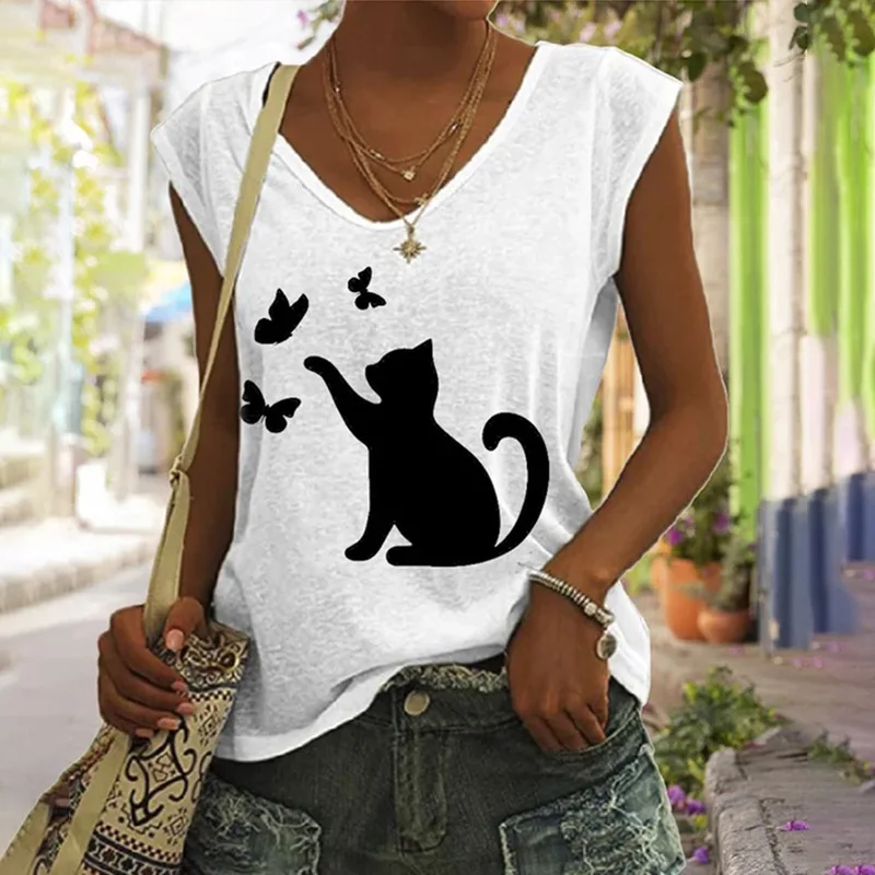 

Cat Shirts for Teen Girls Women Funny Novelty Graphic V-neck Tee Shirts Tops