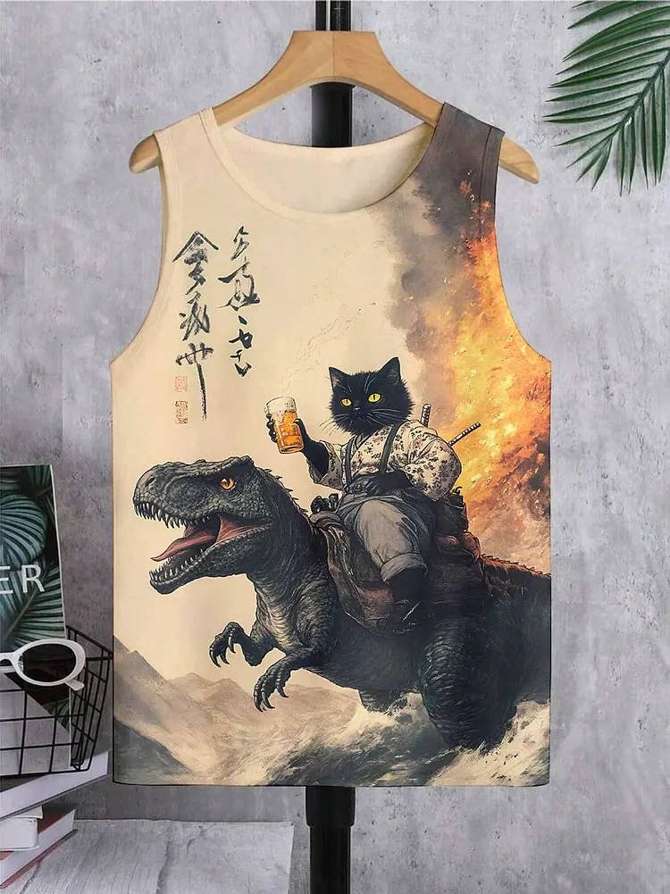 2025 Men's Funny Black Cat Dinosaur Graphic Tank Top 3D Fitness Muscle Cat Print Men Women Gym Vest Summer New Sleeveless TShirt