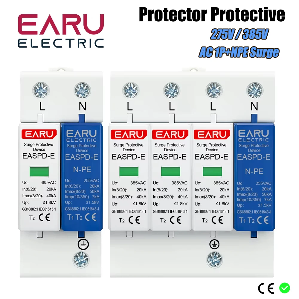 2P 4P AC SPD 1P+NPE 20KA 40AK 50KA T1 T2 275V 385V House Surge Protector Protective Low-voltage Arrester Device