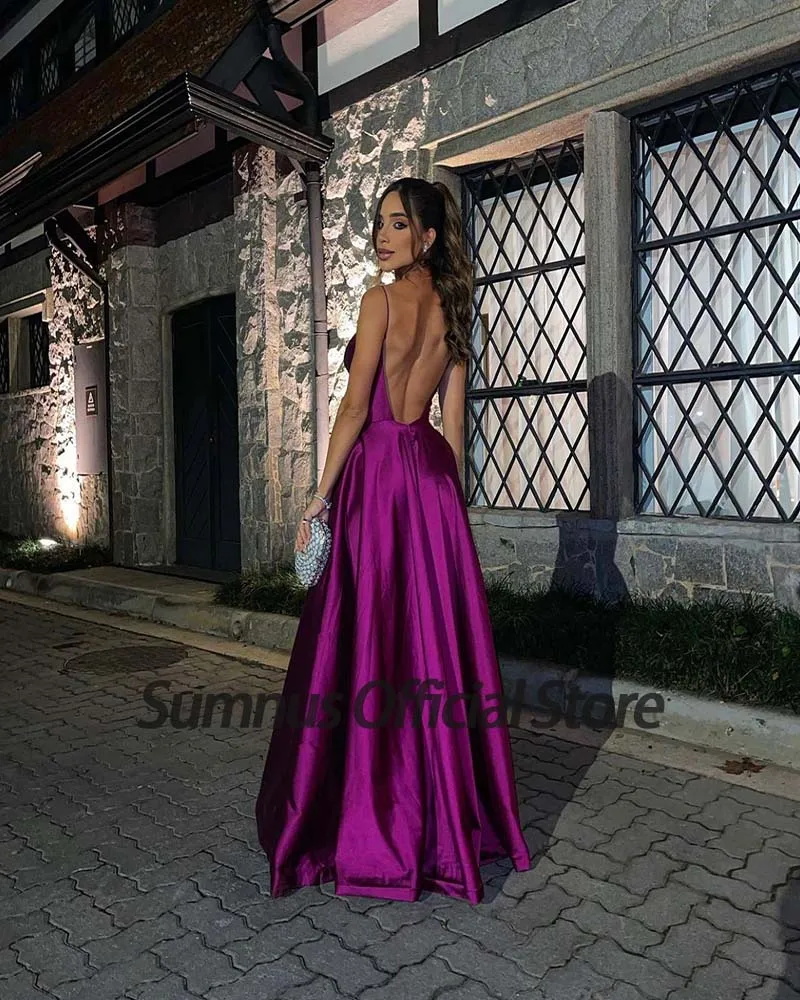 Sumnus Paars Prom Dress Spaghettibandjes V-hals Satin Party Wear Sexy Backless Avond Party Gown Floor Lengte Vrouwen Jassen