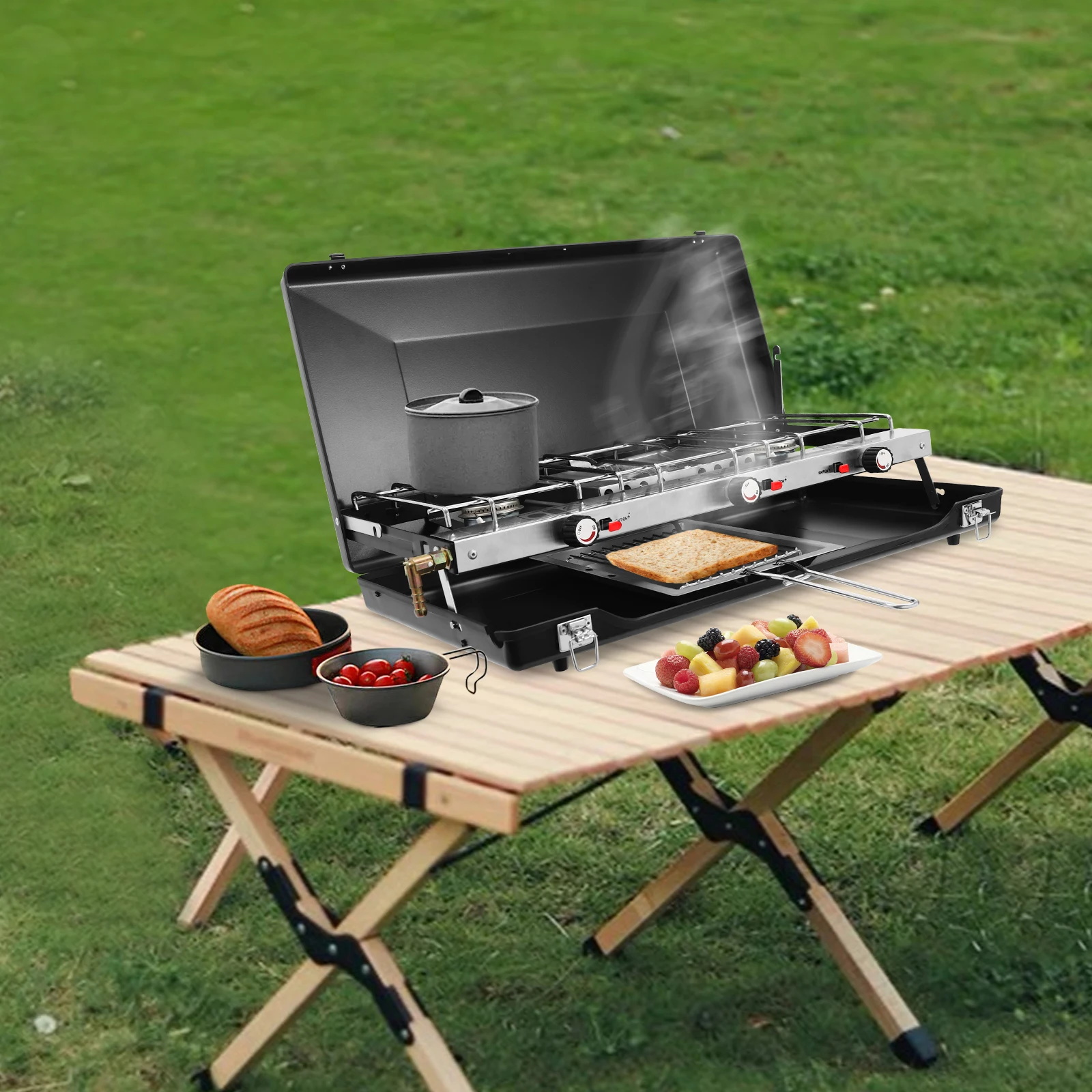 Portable Tabletop 3-Burner Camping Stove Non-Slip Feet Sturdy Latches for Outdoor Cooking