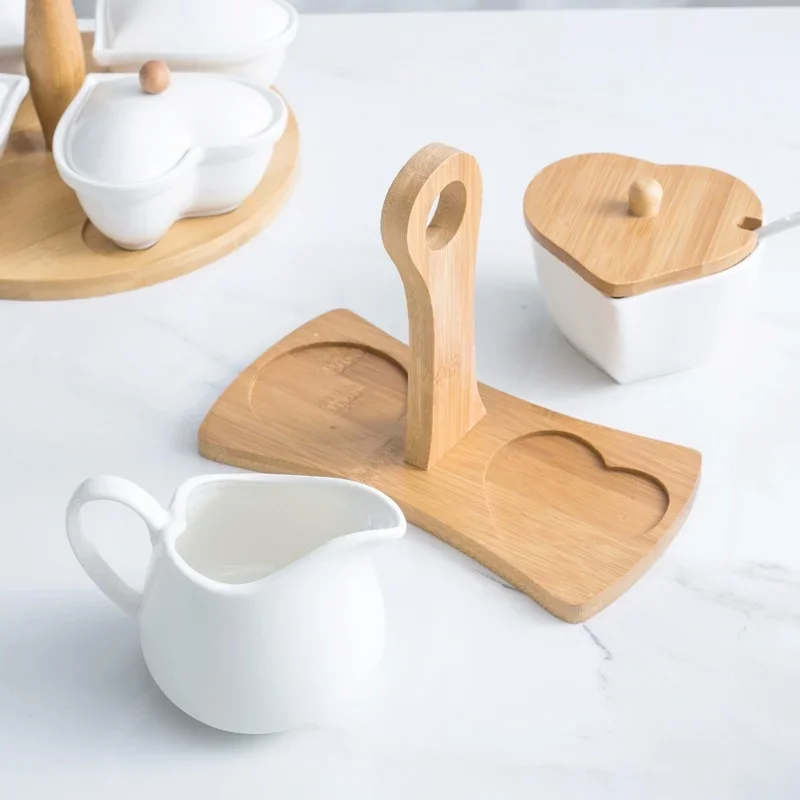 Heart-shaped Pure White Ceramic Sugar Bowl Milk Jug Set with Bamboo Handle Milk Cup Milk Jug PourerPitcher JugPottery Coffee