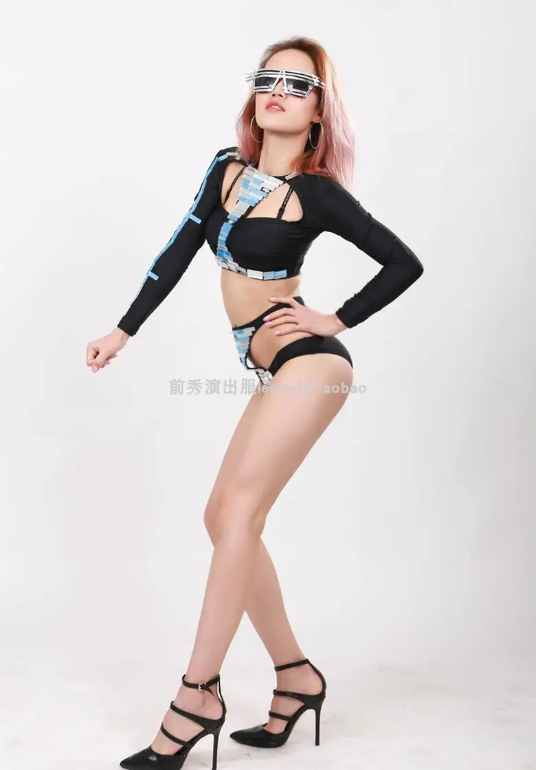 2025 Gogo의 새로운 블랙 나이트 클럽 재즈 댄서 미러 페이스 오픈 배꼽 긴 소매 타이트 탑 하이 스플릿 상업용 퍼포먼스 바