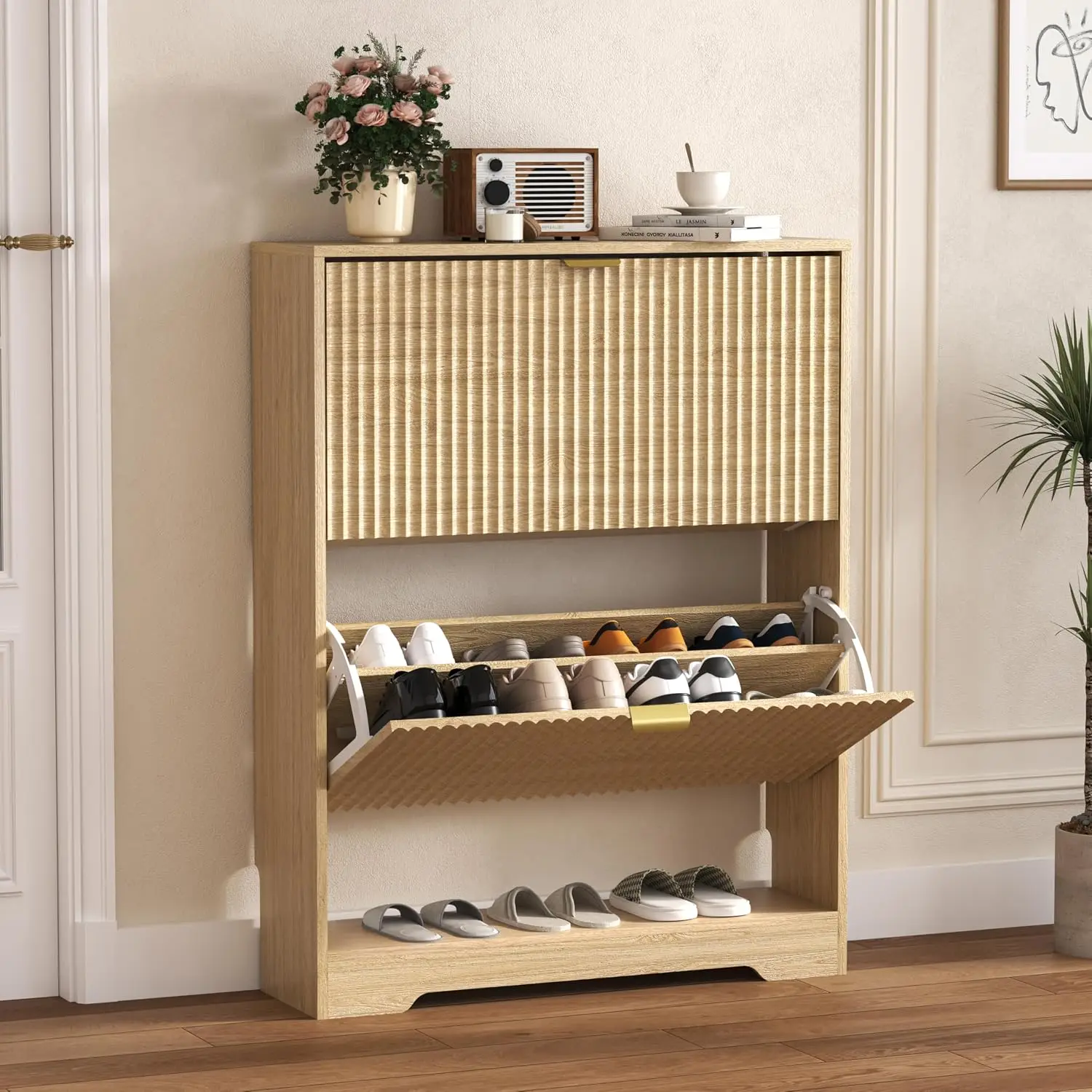 Shoe Shoe Cabinet Entryway 2 Flip Drawers Fluted Open Storage Wooden Hidden Rack Freestanding Narrow Slim Organizer, Customized - Aliexpress Deal