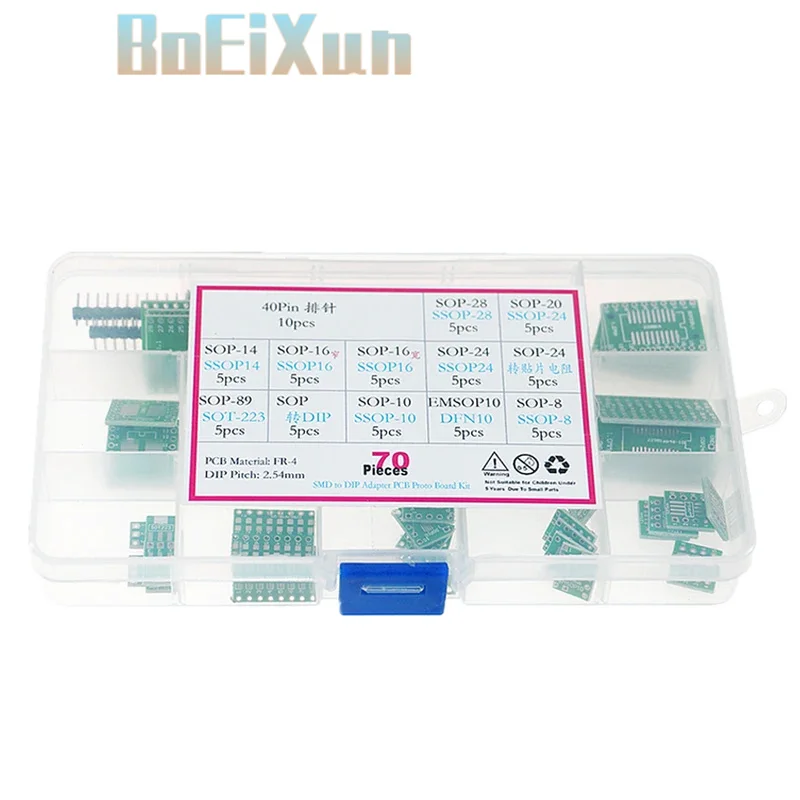 70pcs PCB Board Kit SMD Turn To DIP Adapter Converter Plate SOP8 SOP10 SOP14 SOP16 SOP24 SOP28 Diy Electronic Kit