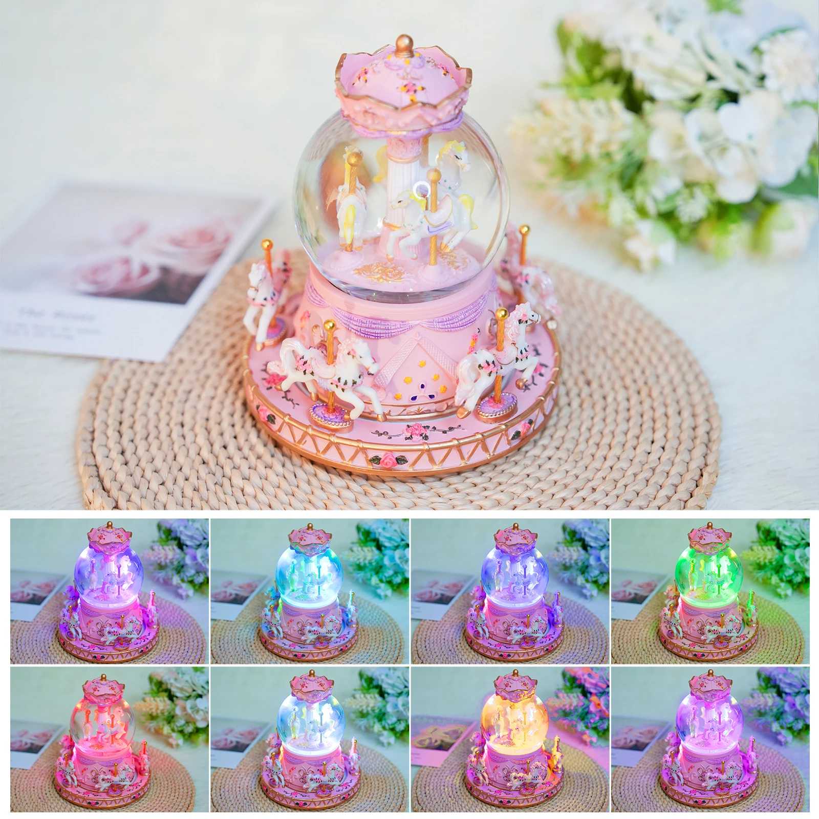 Rotating Carousel Music Box Crystal Ball Light-up Snow Globe Wind-up Musical Box Colorful Lights Cute Little Horses