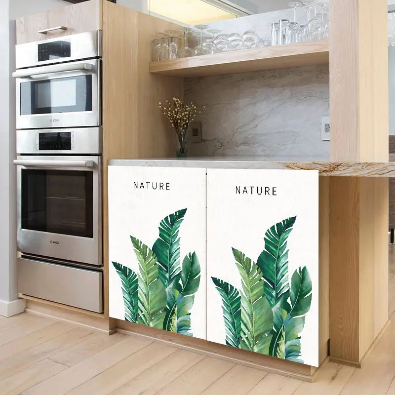 VIKAMA Tropical Monstera Kitchen Cabinet Curtain No Drill Magic Tape Self Adhesive Furniture Cover Home Decor