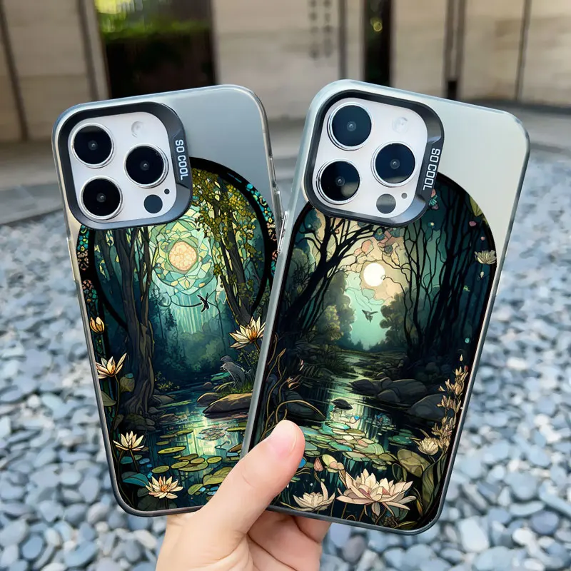 Luxury Lotus Flower Forest Case For iPhone 15 14 13 12 11 Pro Max 16 15 Pro Max 13 Mini 15 14 Plus Shockproof Laser Back Cover