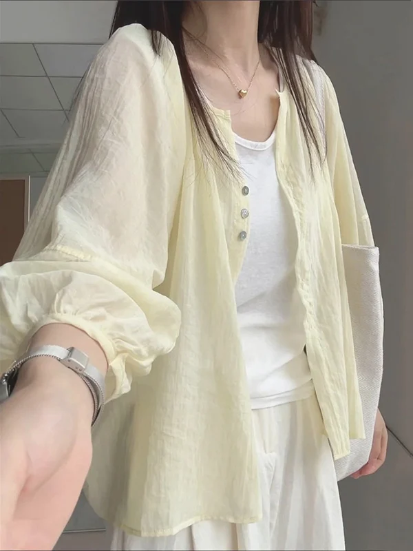 Women's Summer Thin Sun Protection Shirt Casual Loose Lantern Sleeve Outerwear Cover up Small Size Lightweight Long Sleeve