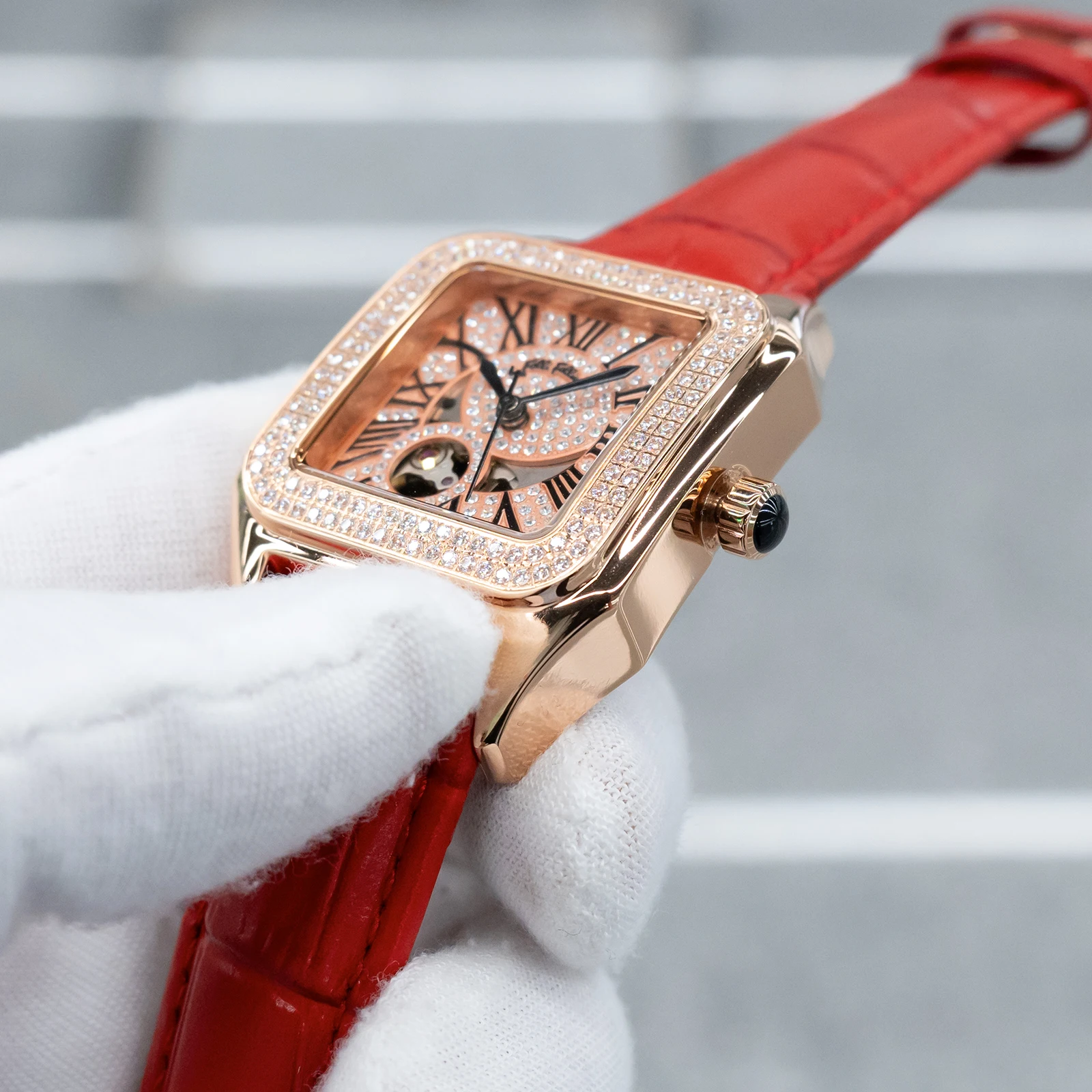 FolliFollie Women's Rose Gold Diamond Dial Automatic Dress Watch with Roman Numerals Leather Strap Luxury Ladies' Watch
