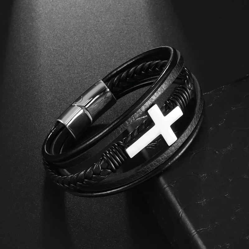 Stylish Braided Multi-Layered Leather Cross Bracelet for Men Fashion Magnetic Bracelet Casual Amulet Accessory
