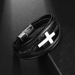 Stylish Braided Multi-Layered Leather Cross Bracelet for Men Fashion Magnetic Bracelet Casual Amulet Accessory