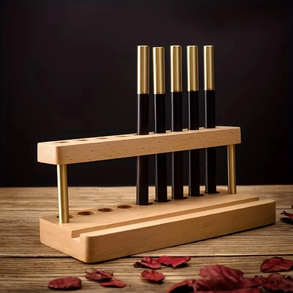 Modern Walnut Wood Pen Holder 9 Slots Sleek Desk Organizer Pen Stand For Office School