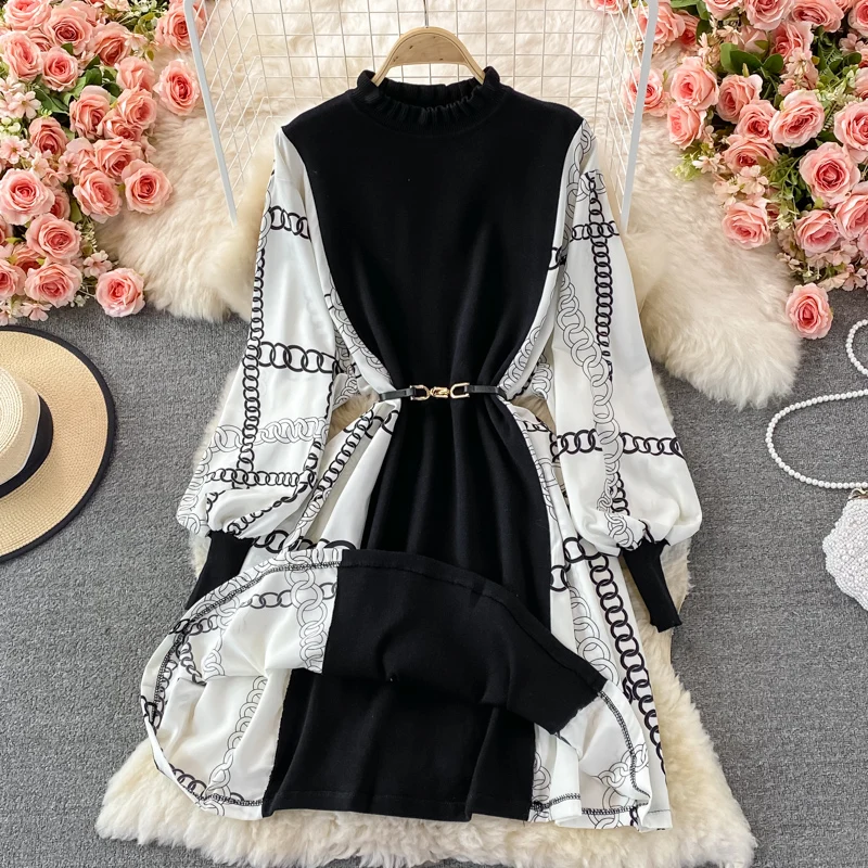 

2023 Spring Fall Chiffon Chain Print Stitching Knitted Sweater Dress Women Stand Ruffles Long Lantern Sleeve Belt Vestidos