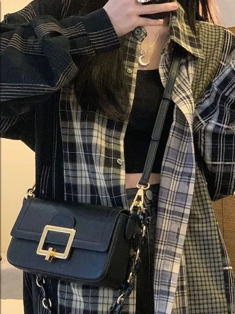 American High Street Blouses Plaid Turn Down Collar Long Sleeve Shirts Spring Harajuku Vintage Y2k Casual Loose Women\'s Clothing