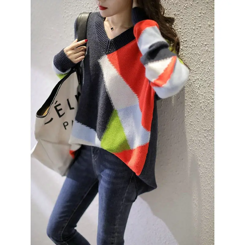 Fashion Loose Color Blocking Midi Sweaters Women\'s Clothing Korean Autumn Winter V-Neck Casual Long Sleeve Knitted Pullovers