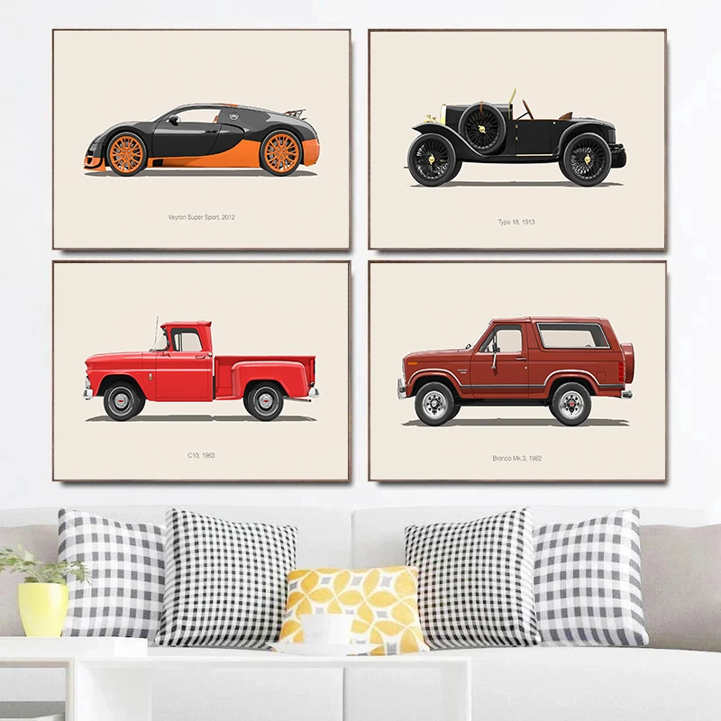 Classic Ford Sports Car Bugatti Cartoon Car Illustration Posters Prints Canvas Painting Wall Art Picture Living Room Home Decor