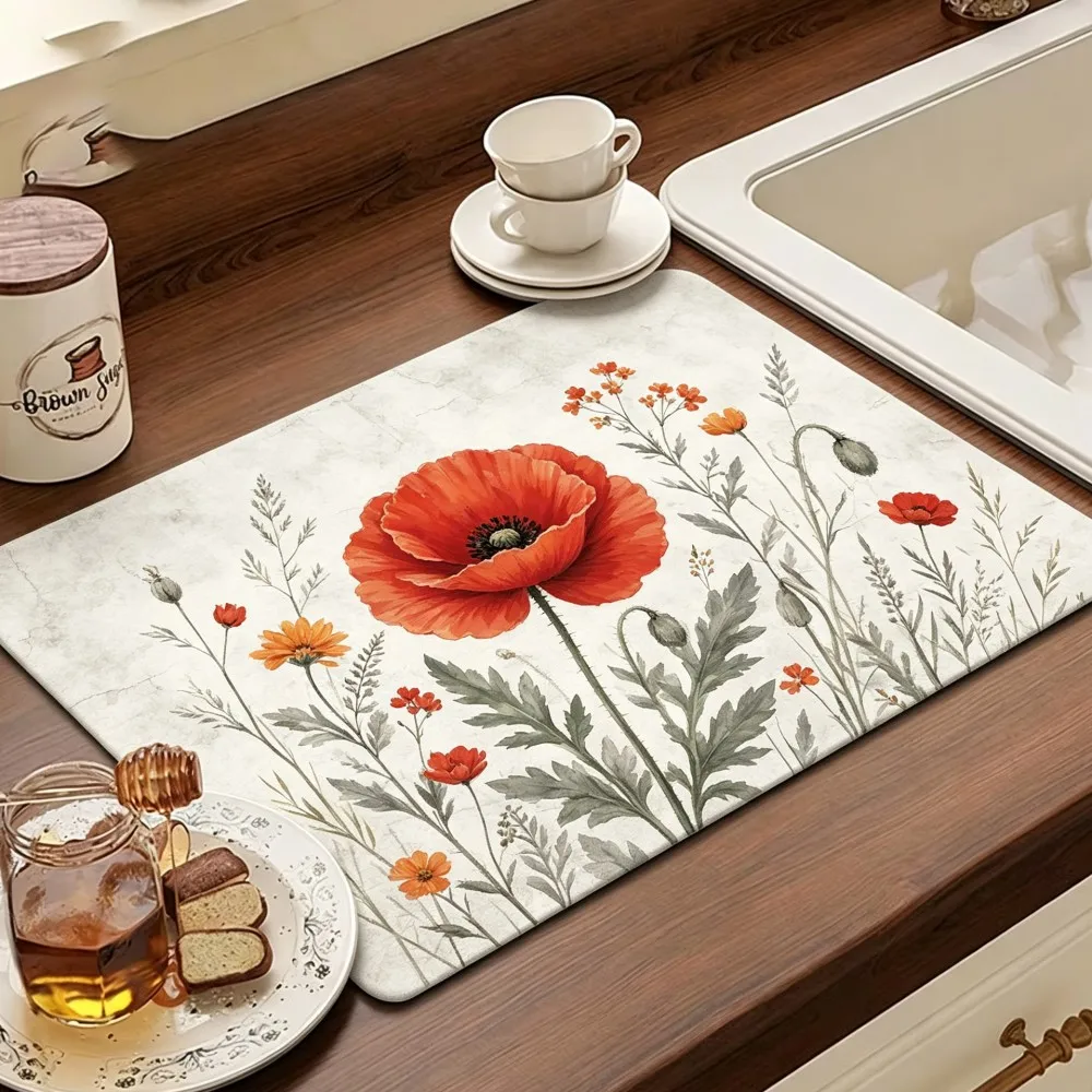 Purple Lavender Flower Print Kitchen Mat Super Absorbent Dish Drying Pad Quick Dry Bathroom Drain Pad Kitchen Faucet Placemat